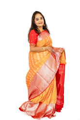 Mustard yellow with red Kanjivaram Silk Saree